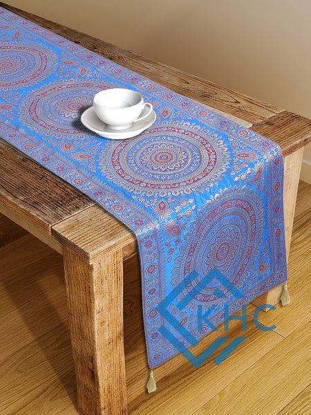 Blue Mandala Print Indian Kantha Silk Table Runner