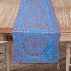 Blue Mandala Print Indian Kantha Silk Table Runner