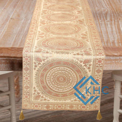 Kantha Mandala Print Beige Boho 14x72 Inch Table Runner