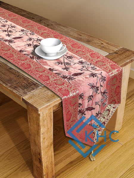 Silk Brocade Red Floral Zari Silk Table Runner