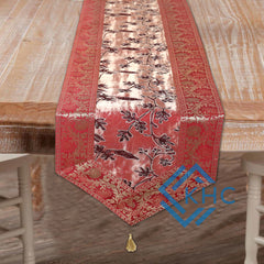 Silk Brocade Red Floral Zari Silk Table Runner