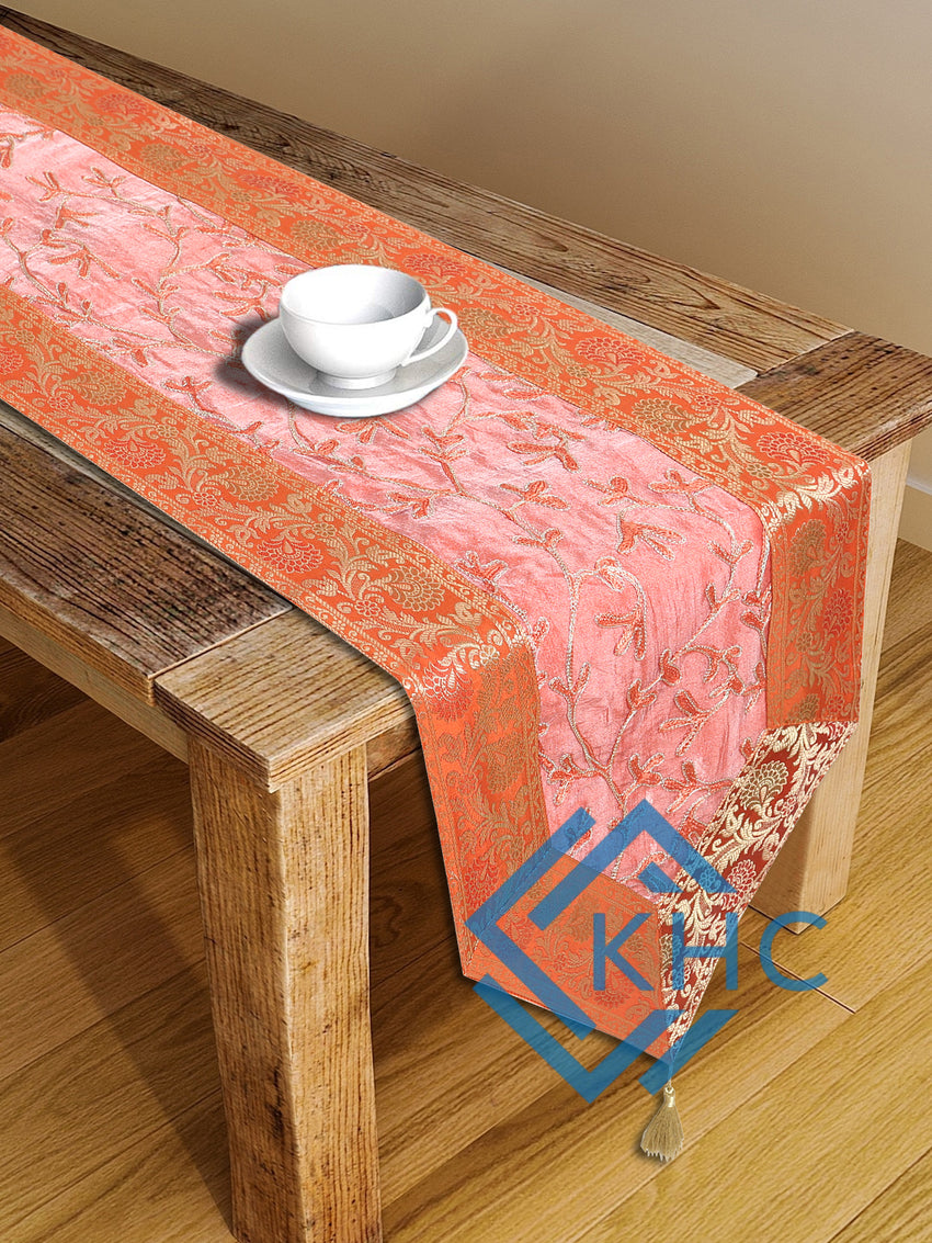 Luxury Brocade Table Runner Orange Floral Silk Runner