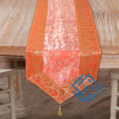 Luxury Brocade Table Runner Orange Floral Silk Runner