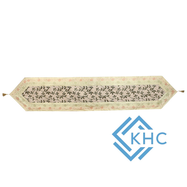 White Floral Table Runner Silk Brocade 14x72 Inch Table Runner