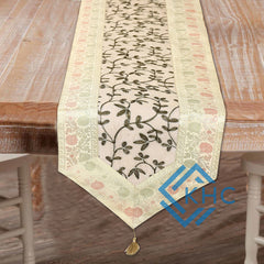 White Floral Table Runner Silk Brocade 14x72 Inch Table Runner