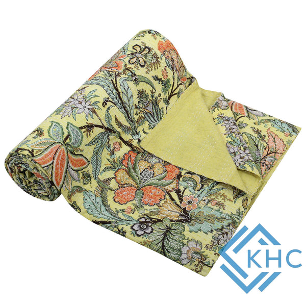 Vintage Kantha Floral Yellow Queen Quilt