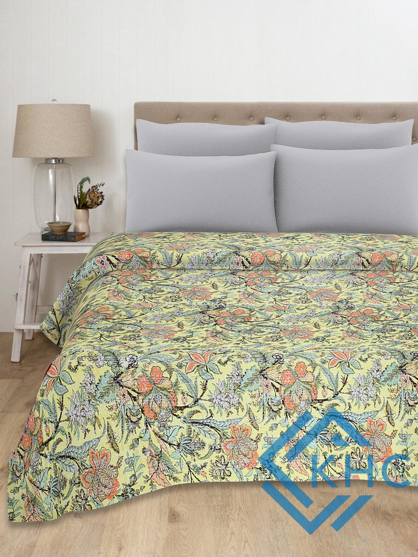 Vintage Kantha Floral Yellow Queen Quilt