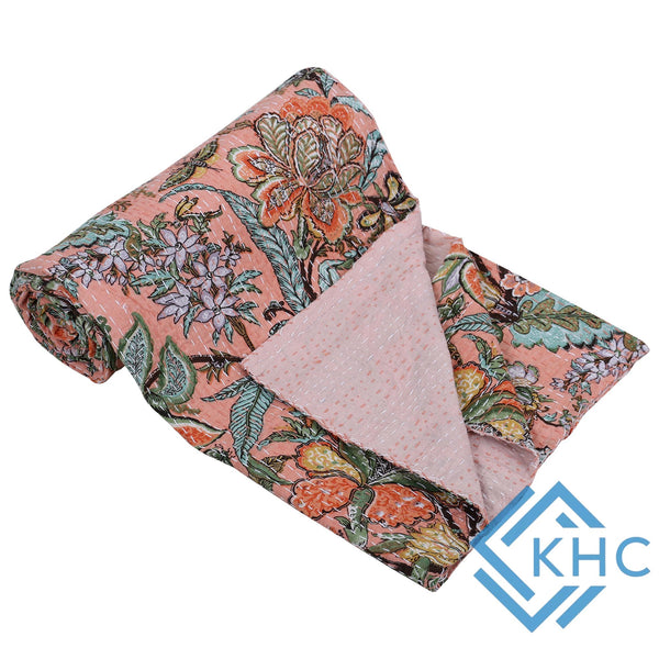 Peach Floral Cotton Bedspread Quilt Throw