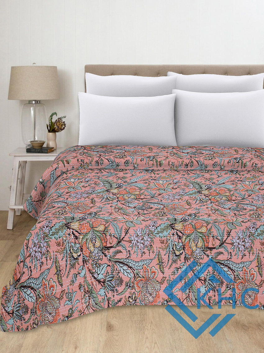 Peach Floral Cotton Bedspread Quilt Throw