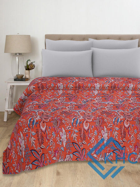 Vintage Kantha Bedding Red Floral King Size Quilt