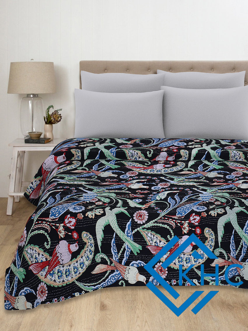 Navy Blue Bird Print Bohemian Quilt Bedding