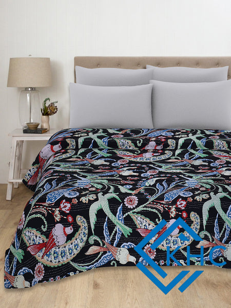 Navy Blue Bird Print Bohemian Quilt Bedding