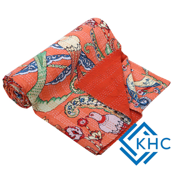 Handmade Light Orange Bird Blcok Printed Kantha Quilt