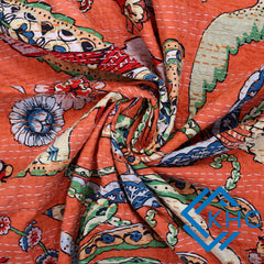 Handmade Light Orange Bird Blcok Printed Kantha Quilt