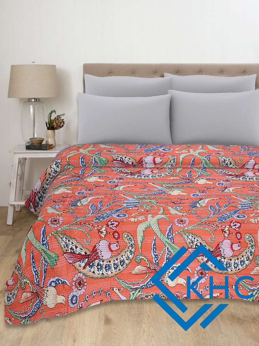 Handmade Light Orange Bird Blcok Printed Kantha Quilt