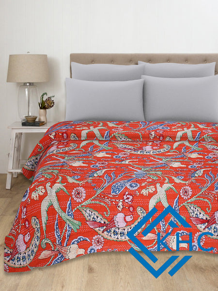 Orange Bird Print Kantha Cotton Bed Cover