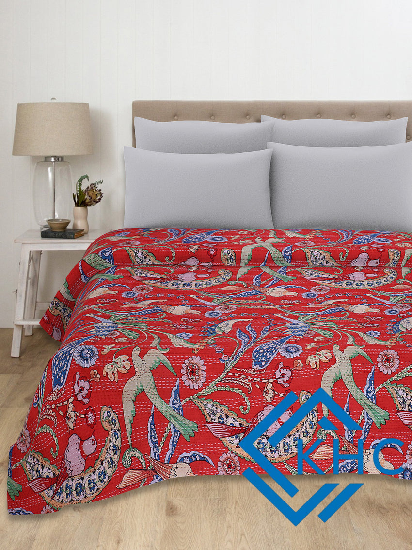 Indian Handmade Red Bird Cotton Quilt