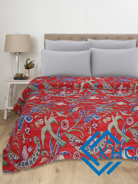 Indian Handmade Red Bird Cotton Quilt