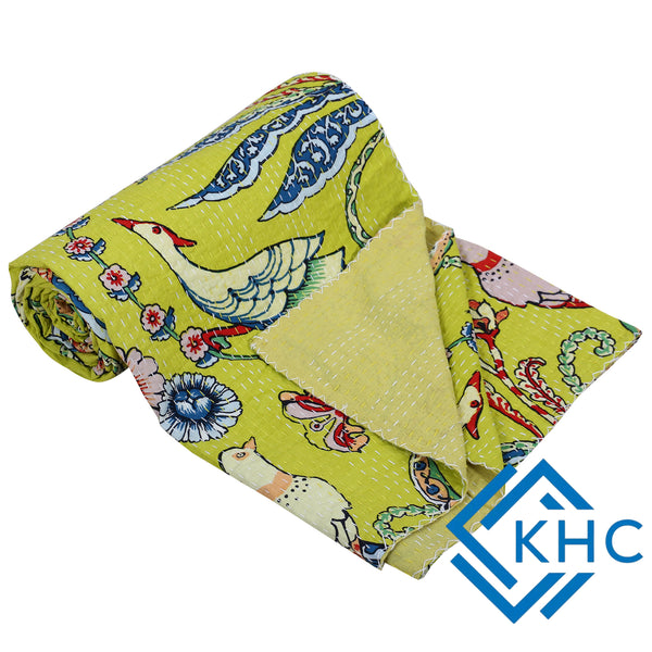 Handblocked Bird Printed Yellow Kantha Bedding Quilt