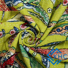 Handblocked Bird Printed Yellow Kantha Bedding Quilt