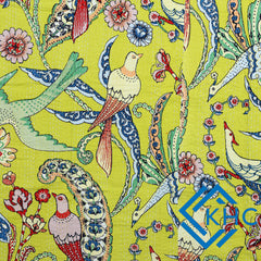 Handblocked Bird Printed Yellow Kantha Bedding Quilt