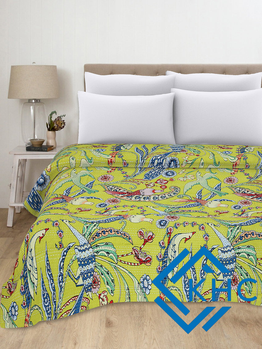 Handblocked Bird Printed Yellow Kantha Bedding Quilt