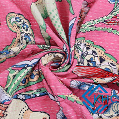 Baby Pink Bird Print Indian Vintage Kantha Quilt Throw