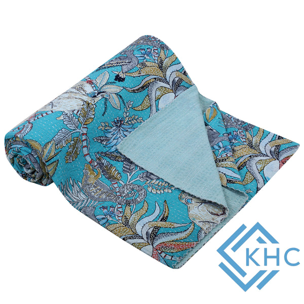 Beautiful Turquoise color Monkey print kantha Quilt Throw