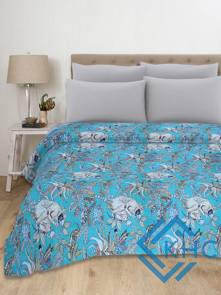 Beautiful Turquoise color Monkey print kantha Quilt Throw