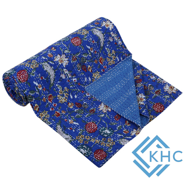 Floral Kantha Blue Handmade Throw Blanket