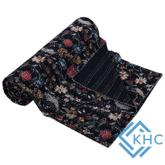 Indian Handmade Kantha Floral Black Quilt