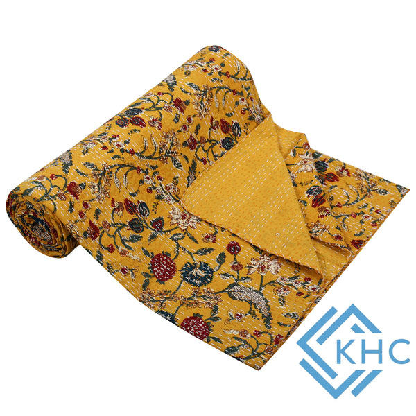 Yellow Floral Vintage Fabric Quilt Throw Bedsheet