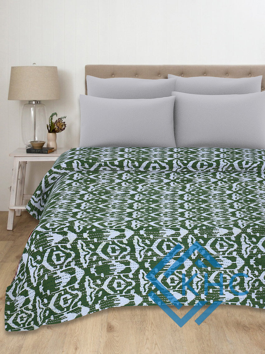 100% Cotton Kantha Green Quilt Ikat Print