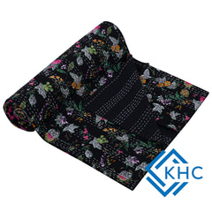 Black Floral Paradise Kantha Bedding Throw Quilt