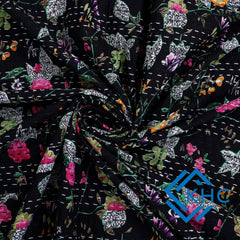 Black Floral Paradise Kantha Bedding Throw Quilt