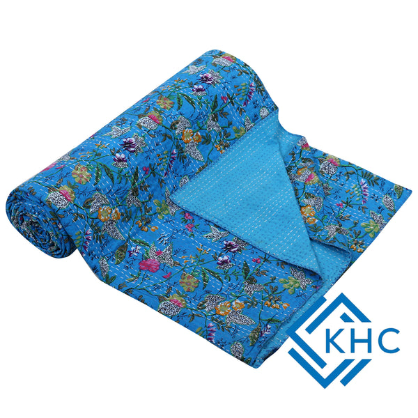 Kantha Cotton Quilt Turquoise Paradise Floral Bedcover