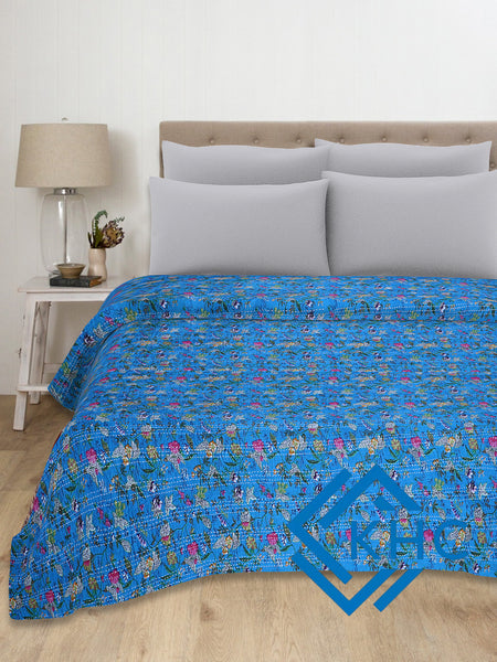 Kantha Cotton Quilt Turquoise Paradise Floral Bedcover