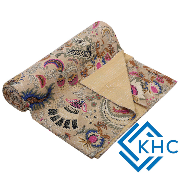 Vintage Kantha Mukut Floral Beige Handmade Quilt