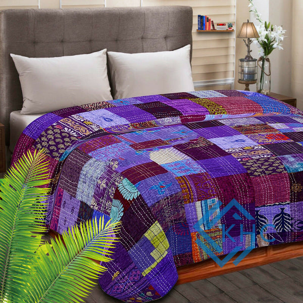 Handmade Soft Fabric Silk Purple Patchwork Queen Quilt