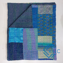 Blue Silk Patchwork Quilt  Unique Design, Luxury Bedding Throw