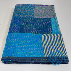 Blue Silk Patchwork Quilt  Unique Design, Luxury Bedding Throw