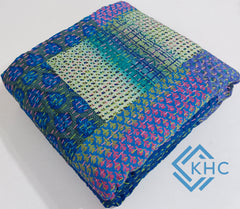 Blue Silk Patchwork Quilt  Unique Design, Luxury Bedding Throw