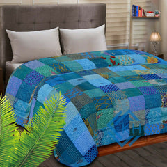 Blue Silk Patchwork Quilt  Unique Design, Luxury Bedding Throw