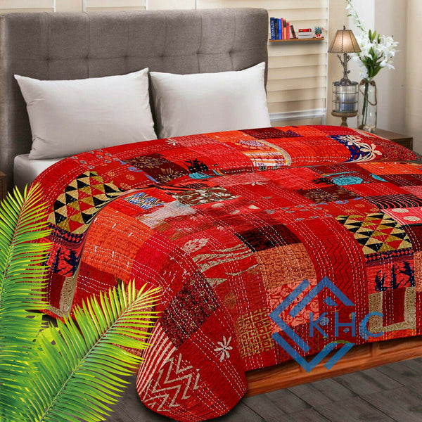 Red Silk Patchwork Quilt - Hand-Stitched, Opulent Home Decor