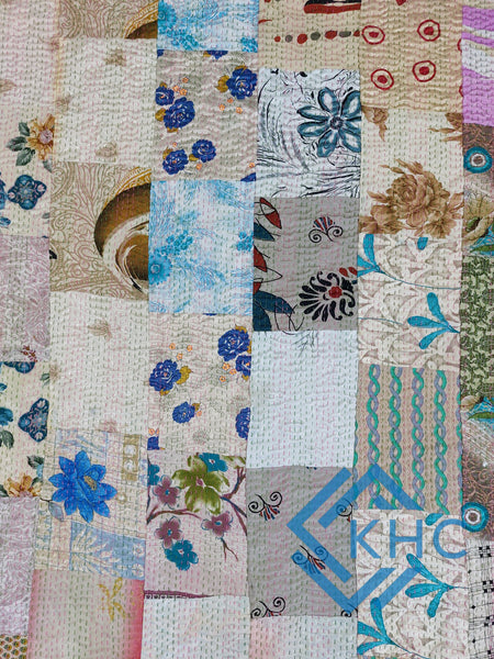 White Boho Chic Silk Patchwork Quilt Colorful Eclectic Design Room Decor