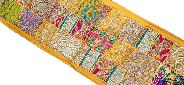 Indian Vintage Patchwork Yellow Embroidered Table Runner