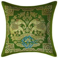 Indian Decorative Brocade Green And Gold Throw Pillow Covers 2 Pcs 16x16 Inch