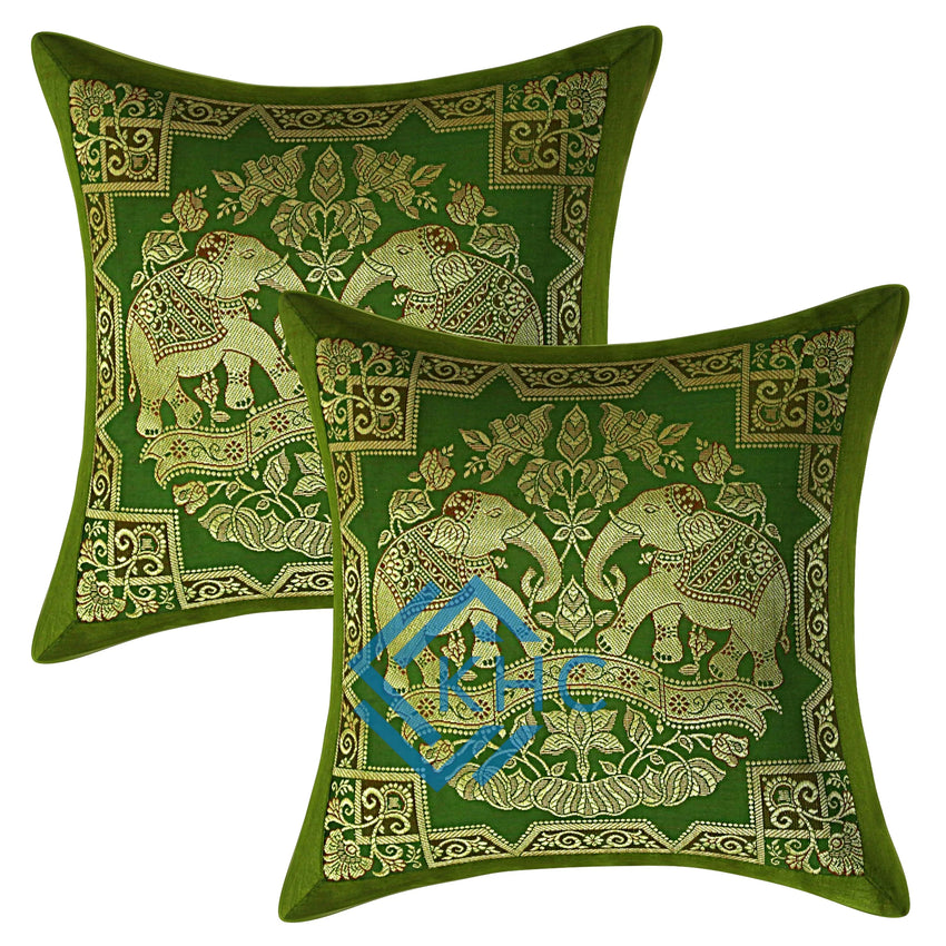 Indian Decorative Brocade Green And Gold Throw Pillow Covers 2 Pcs 16x16 Inch