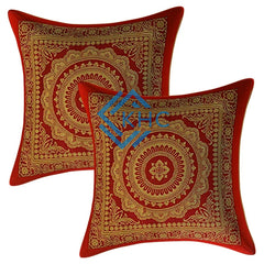 5 Pcs Mandala Ethnic Brocade Maroon And Gold Pillow Covers 16x16 Inch