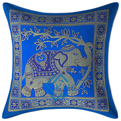 Set of 5 Ethnic Pillow Cover 16x16 Blue Brocade Elephant Cushion Covers